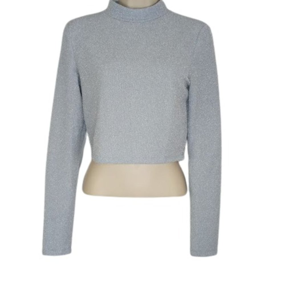 Elodie Womens Crop Top Silver Shimmer Metallic Cut Out Mock Neck M
